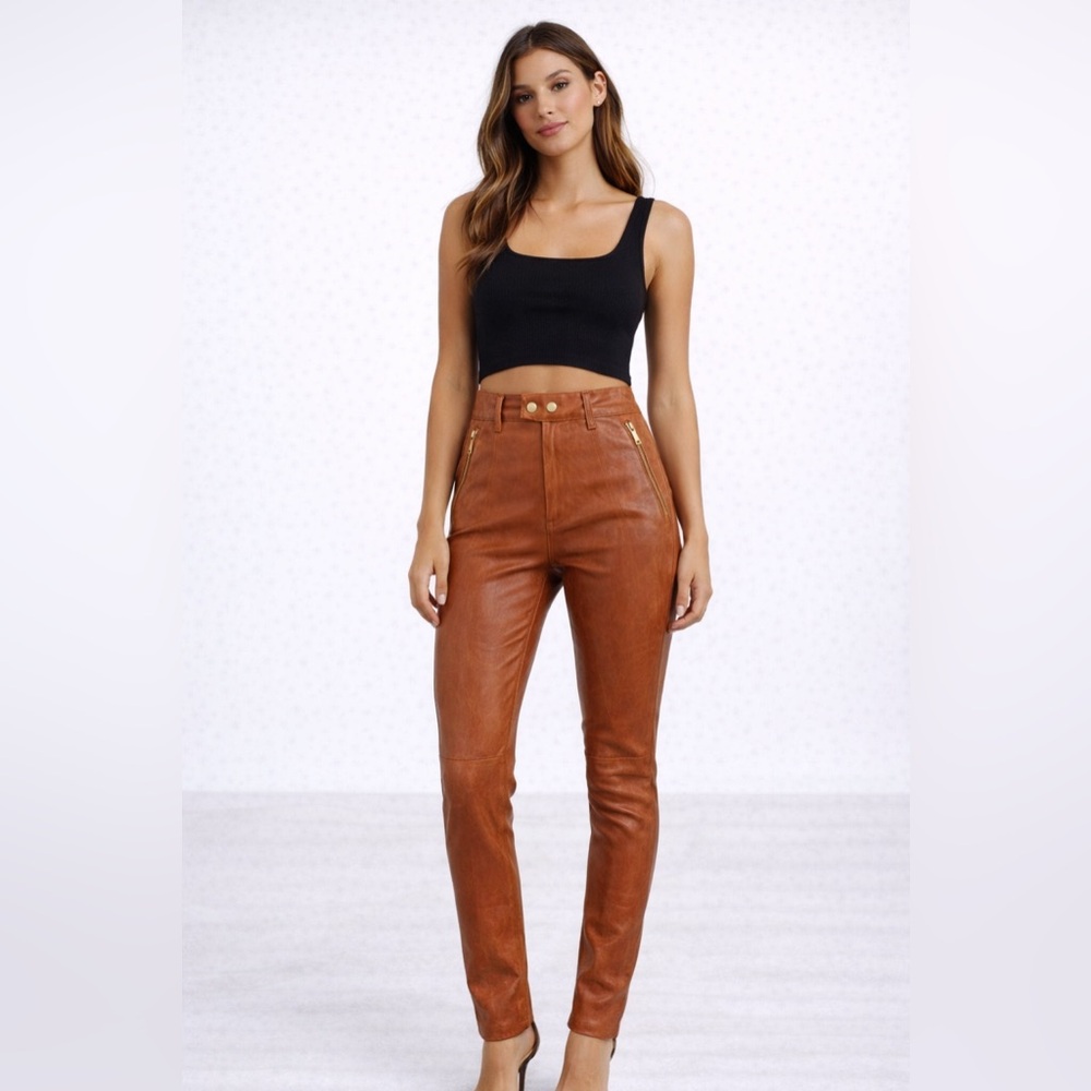 DL1961 Lambskin Leather Pants Cognac High Rise Skinny Anthropologie